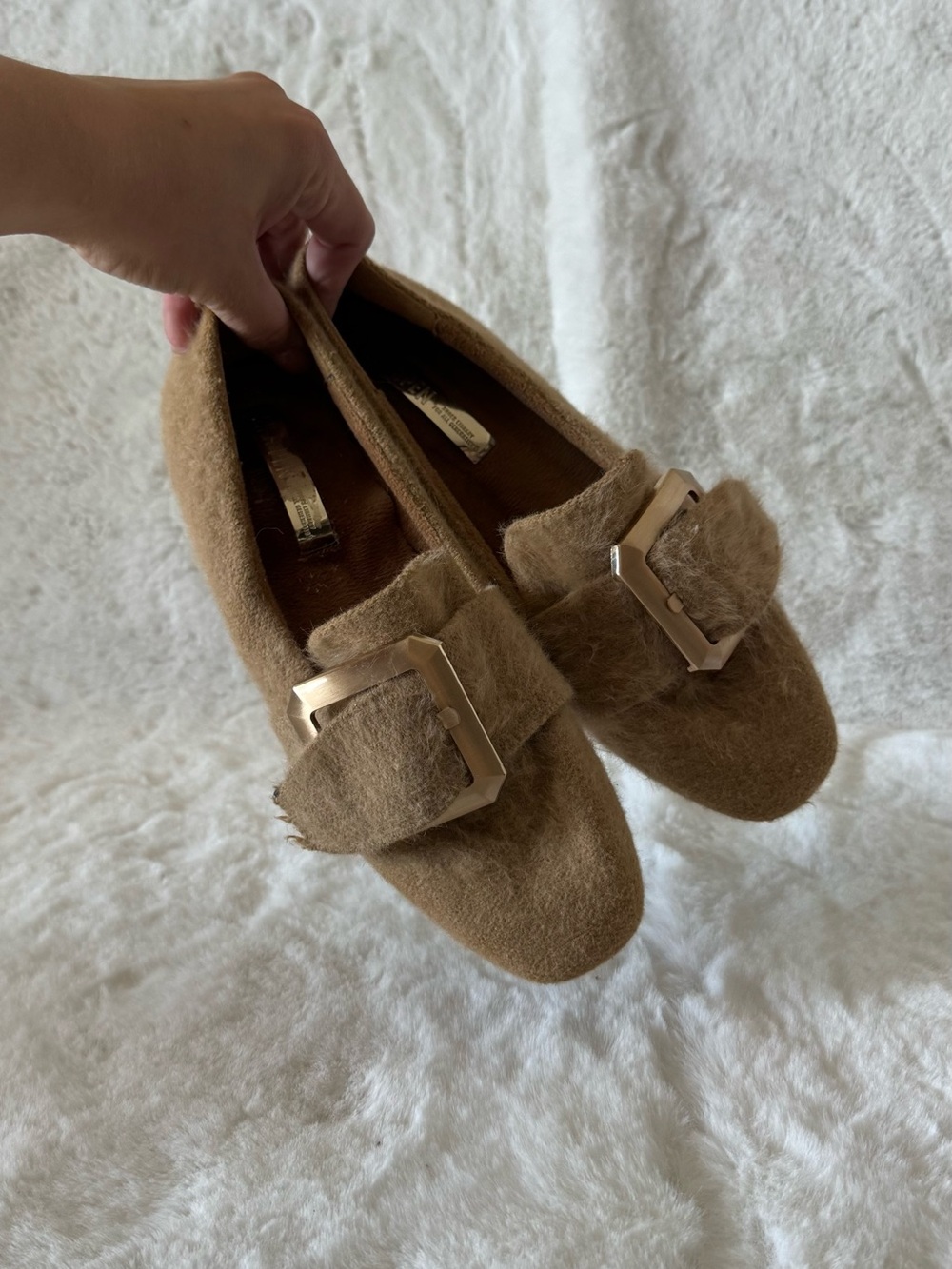 Fancy shoes Women’s Tan Fuzzy Loafers with Decorative Buckle